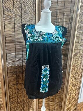 Embroidered Black Sleeveless Top with Blue-Green Floral Accents